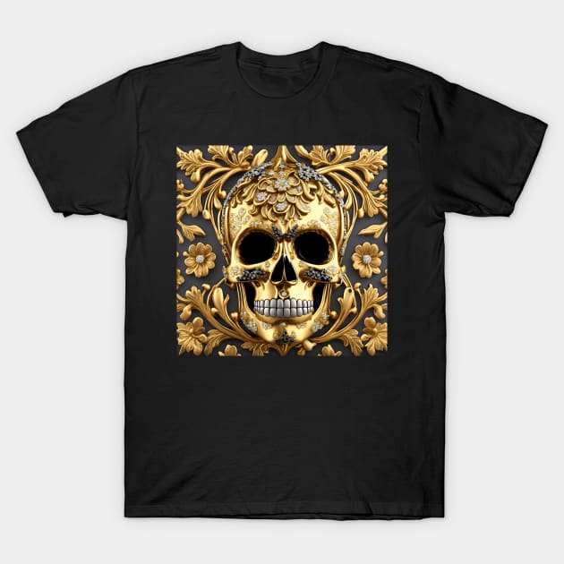 Skull Baroque 3D Jewelry Rococo Gold Bling Floral T-Shirt by Anticulture